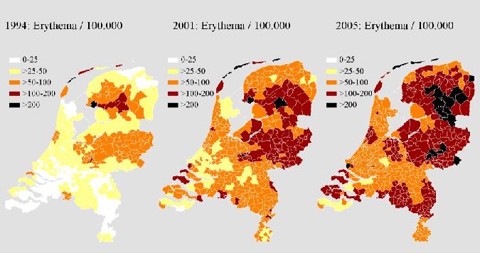 Ontwikkeling aantal Lyme gevallen Nederland.
