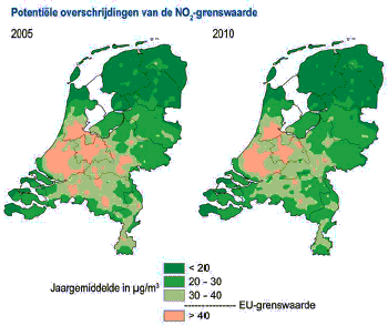 Ontwikkeling concentratie stikstofdioxide (NO2) Nederland.